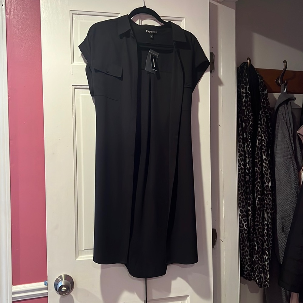 Black button up dress.